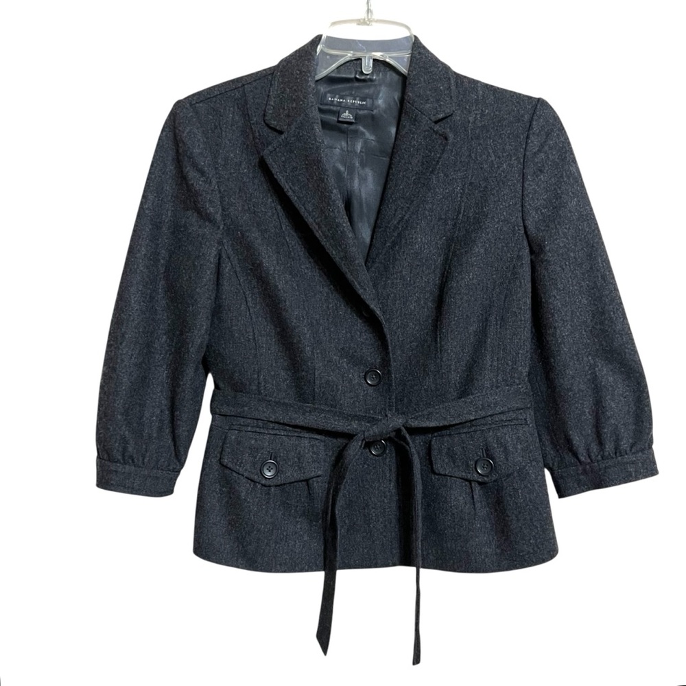 Banana Republic Y2K Wool Blend Preppy Blazer Jacket Womens 6 Gray Tie Belt